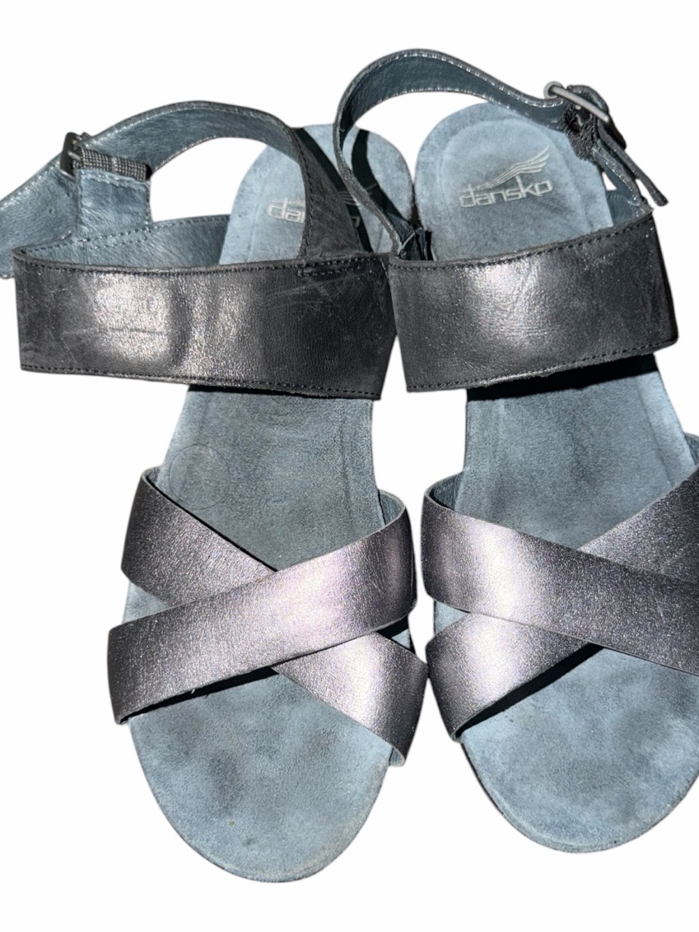 Dansko Women's Iridescent Silver-Gray Cross Strap Sandals